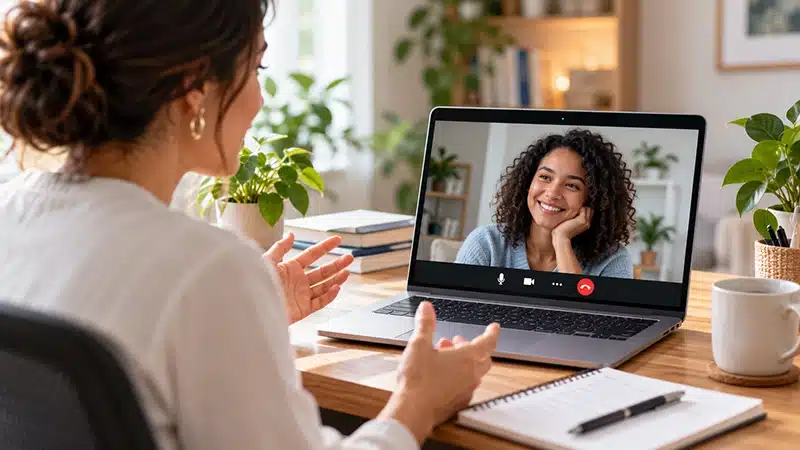 Mental health coach conducting an online coaching session with a client.